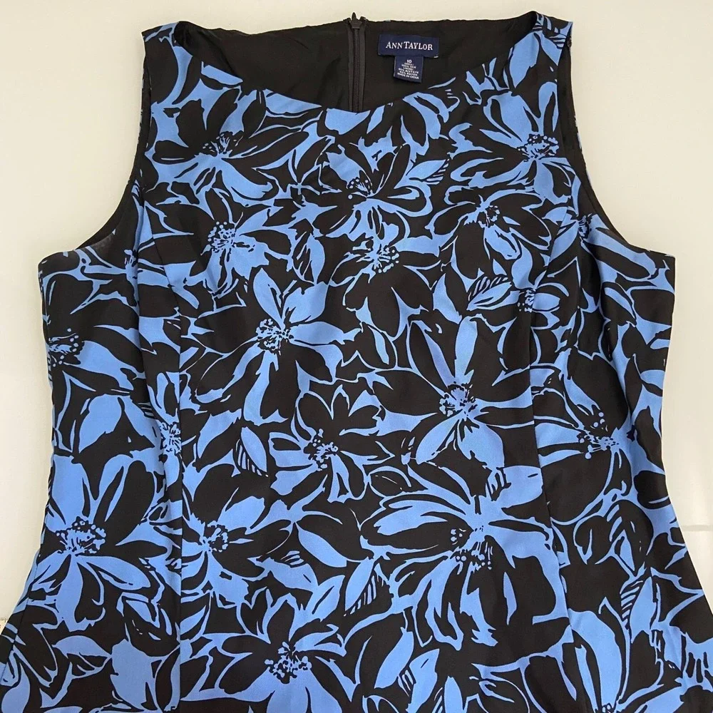 Ann Taylor Womens Silk Floral Print Sleeveless Sheath Dress Career Party Blue 10